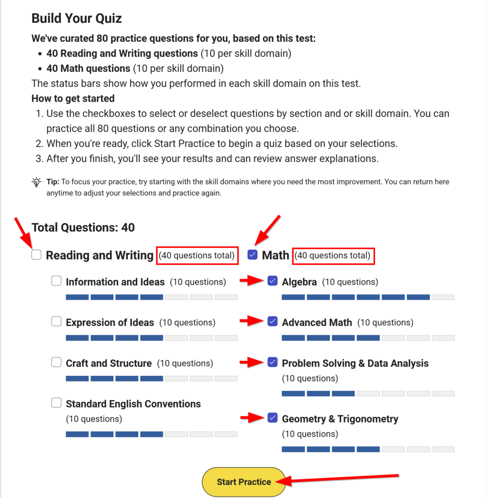 Tailored-Practice-Question-Selection Select the topics to practice